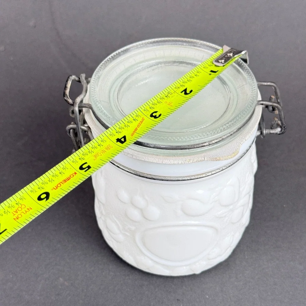 Vintage White Milk Glass 1/2L Canister Jar Clamp Bail Lid Grape Fruit Pattern